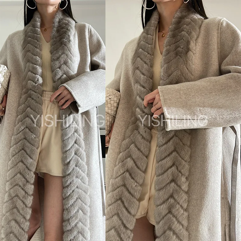 

2023 New Mink Double-Sided Cashmere Coat Autumn and Winter New Leather Belt Fashion, Atmosphere and Simplicity