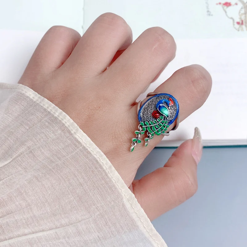 100% 925 Sterling Silver Peacock Shape Ring for Women Retro Ethnic Enamel Colorful Bird Tassel Adjustable Rings Jewelry JZ106