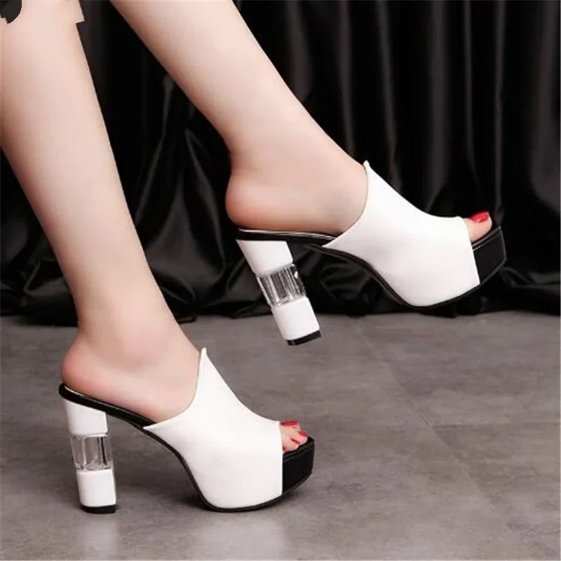 Women Sandals Leather Sole Slippers Sexy High Thick Heel 12cm Mules Peep Toe Platform Breathable