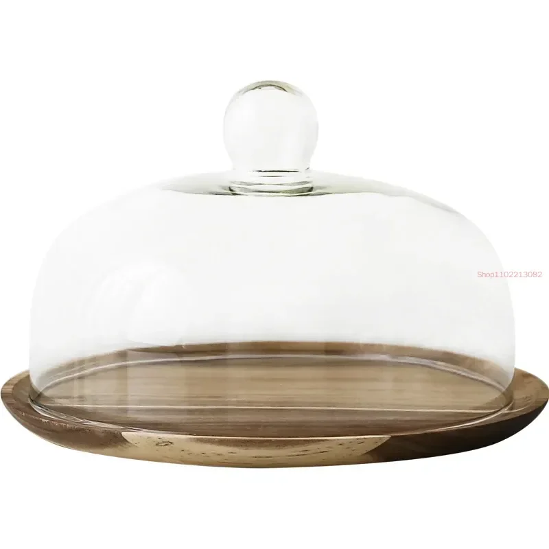 Nordic style Retro Wooden cake plate Glass cover Dessert table display stand tray Home kitchen decoration Festive party