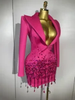 Sparkly Crystal Chains Pearls Long Sleeve Mini Dress 2025 Women Birthday Evening Party Nightclub Outfit Singer Wedding Costume - Image 2