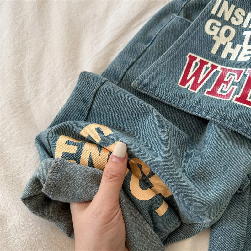 한국 스타일 레터 프린트 아동 청바지 남아 여아 2026 신상 봄 가을 루즈핏 와이드 레그 팬츠 캐주얼 키즈 바지 B0022