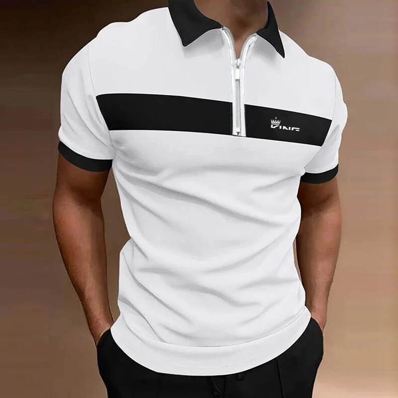 New men’s fashion short sleeve zipper polo shirt, slim fit quick-drying casual top with stylish color block design.