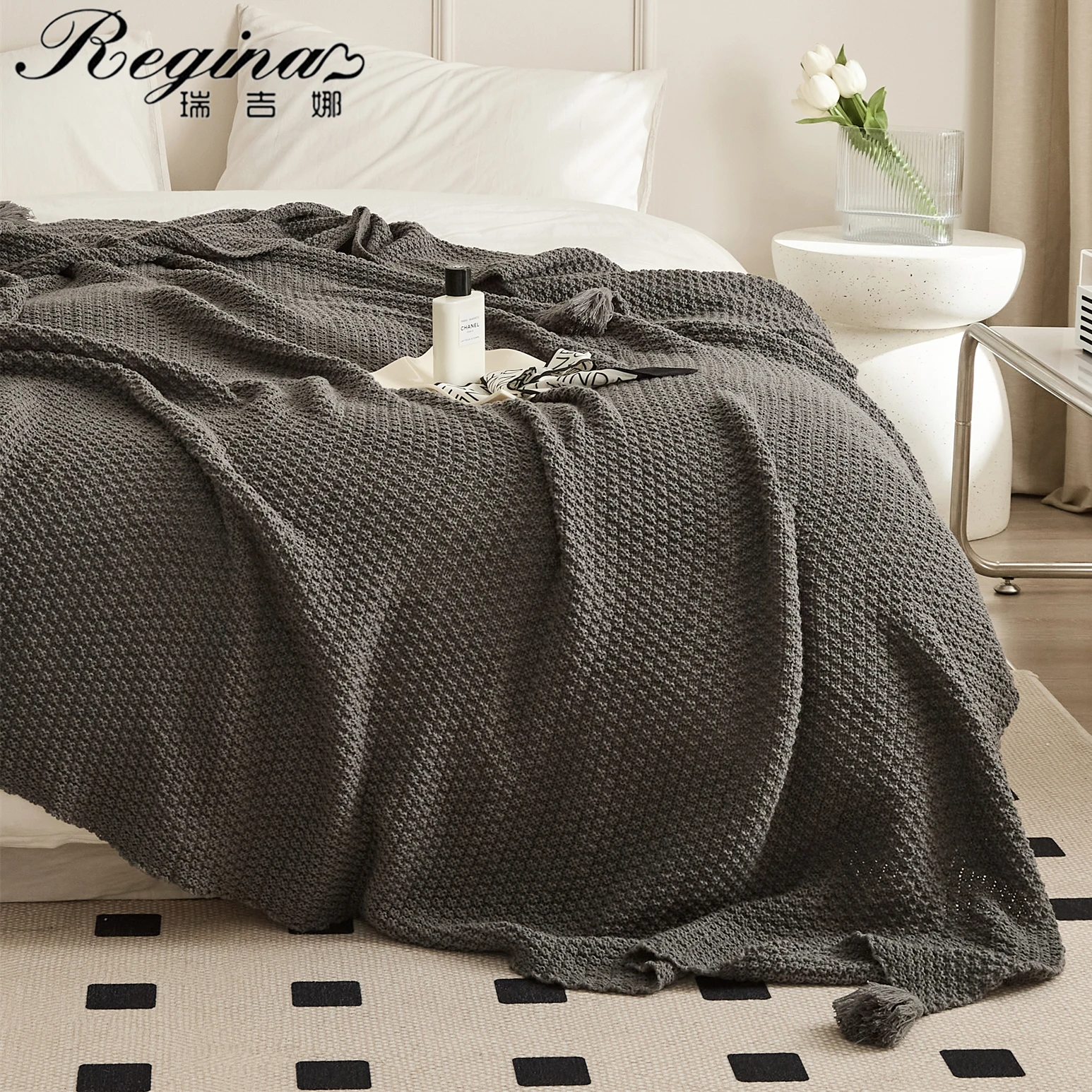 REGINA Brand Nordic Acrylic Knitted Blanket Soft Tassels Mossstitch Design Child Adult Warm Shawl Knee Wrap Sofa Bed TV Blankets
