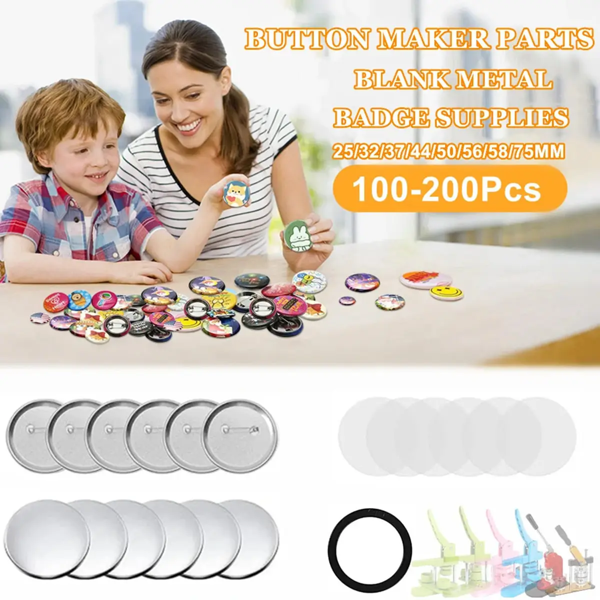 100/200 Sets Metal Badge Pin Button Parts 25-75MM For Art Crafts