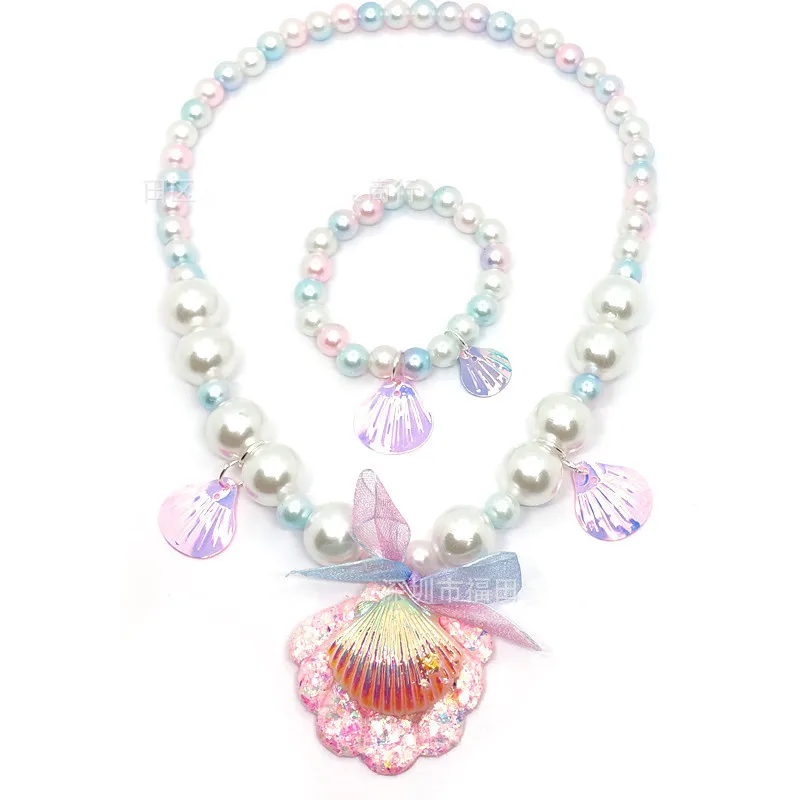 Baby Girls Beads Pearl Shell Mermaid Pendant Necklace Bracelet for Child Kids Lovely Flower Necklace Charm Jewelry For Gift 2