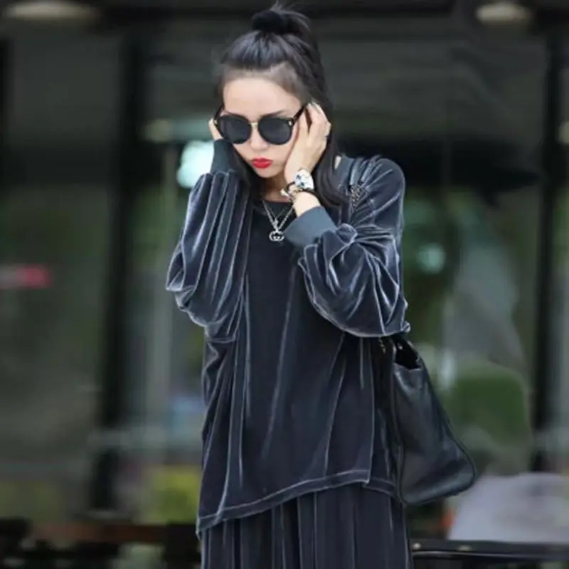 Pleuche Emboitement Woman High-end Femininity Relax Wide Leg Pants Temperament Stylish Two-piece Set Pure Color