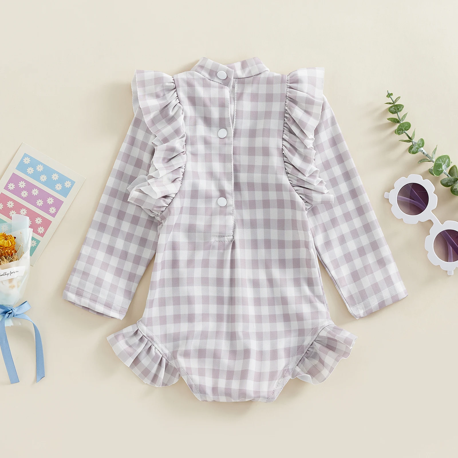Kids Baby Girls Swimwear Floral/Plaid Ruffle Long Sleeve Crew Neck Swimsuit Bathing Suit Children Girl Beachwear for 0-4 Years - 3