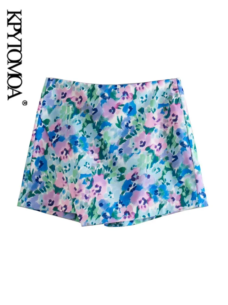 

KPYTOMOA Women Fashion Floral Print Shorts Skirts Vintage High Waist Back Zipper Female Skort Mujer