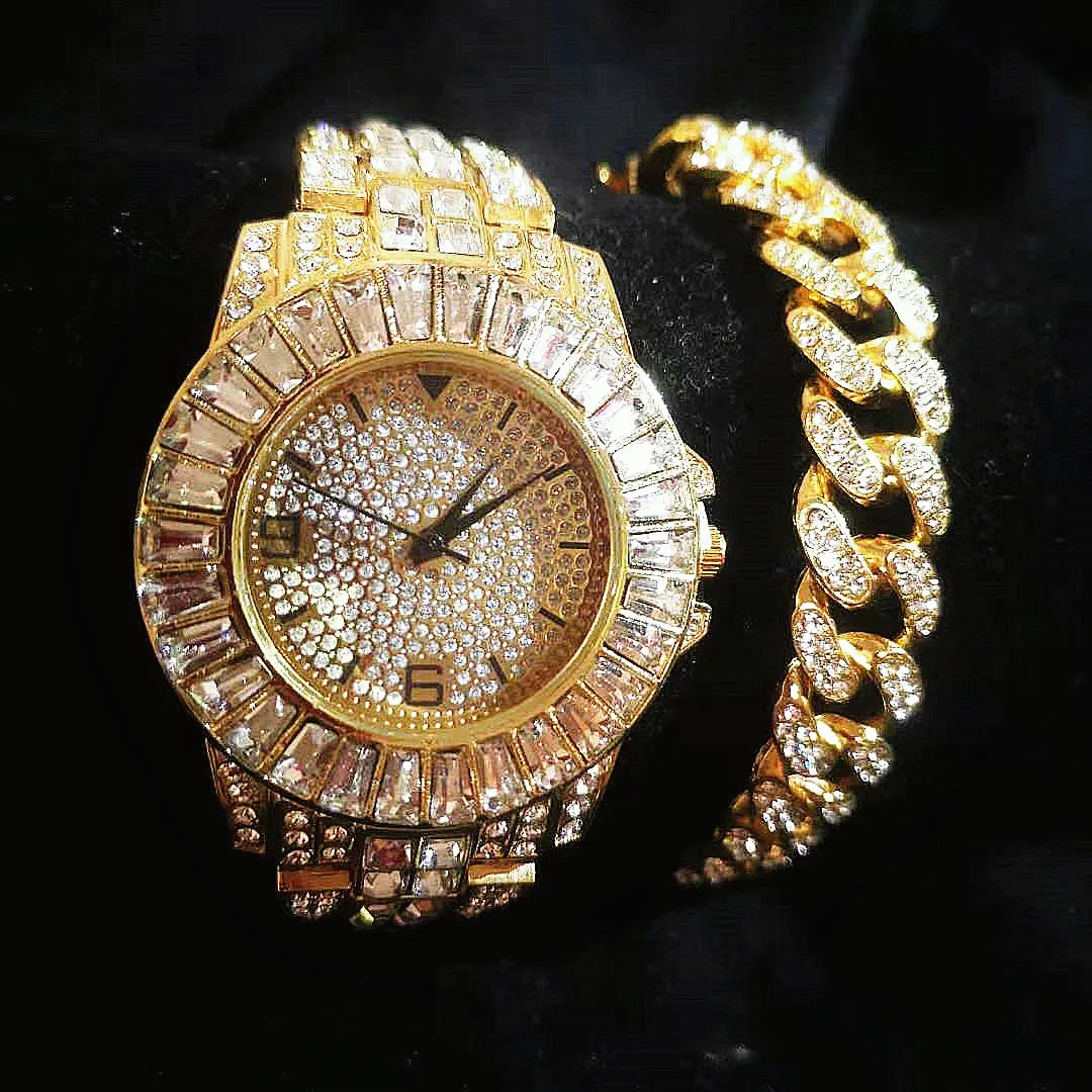 2PCS Iced Out Watch for Women Men Diamond Chain Simple Watch Bracelets for Men Jewelry Fashion Watch Set Gift Relojes Para Mujer