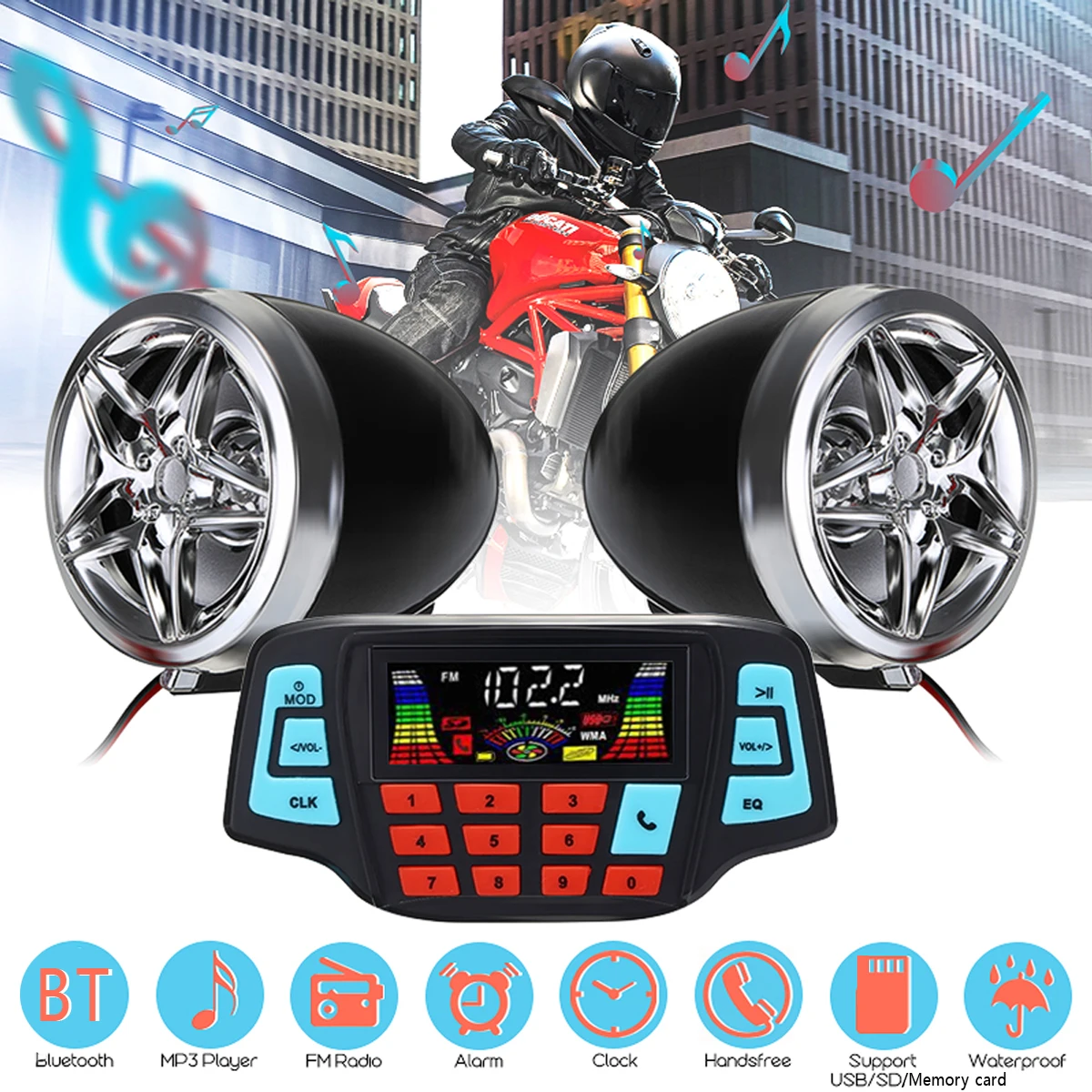 Motorcycle Studio Audio Sound System Stereo Speakers FM Radio MP3 Music Player Scooter ATV Remote Control Alarm Speaker Scooter