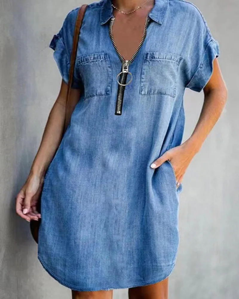 

New Turn Down Collar Short Sleeve Loose Denim Lined Dresses For Women Fashion Zipper Pocket Panel Mini Dress Vestidos Elegantes