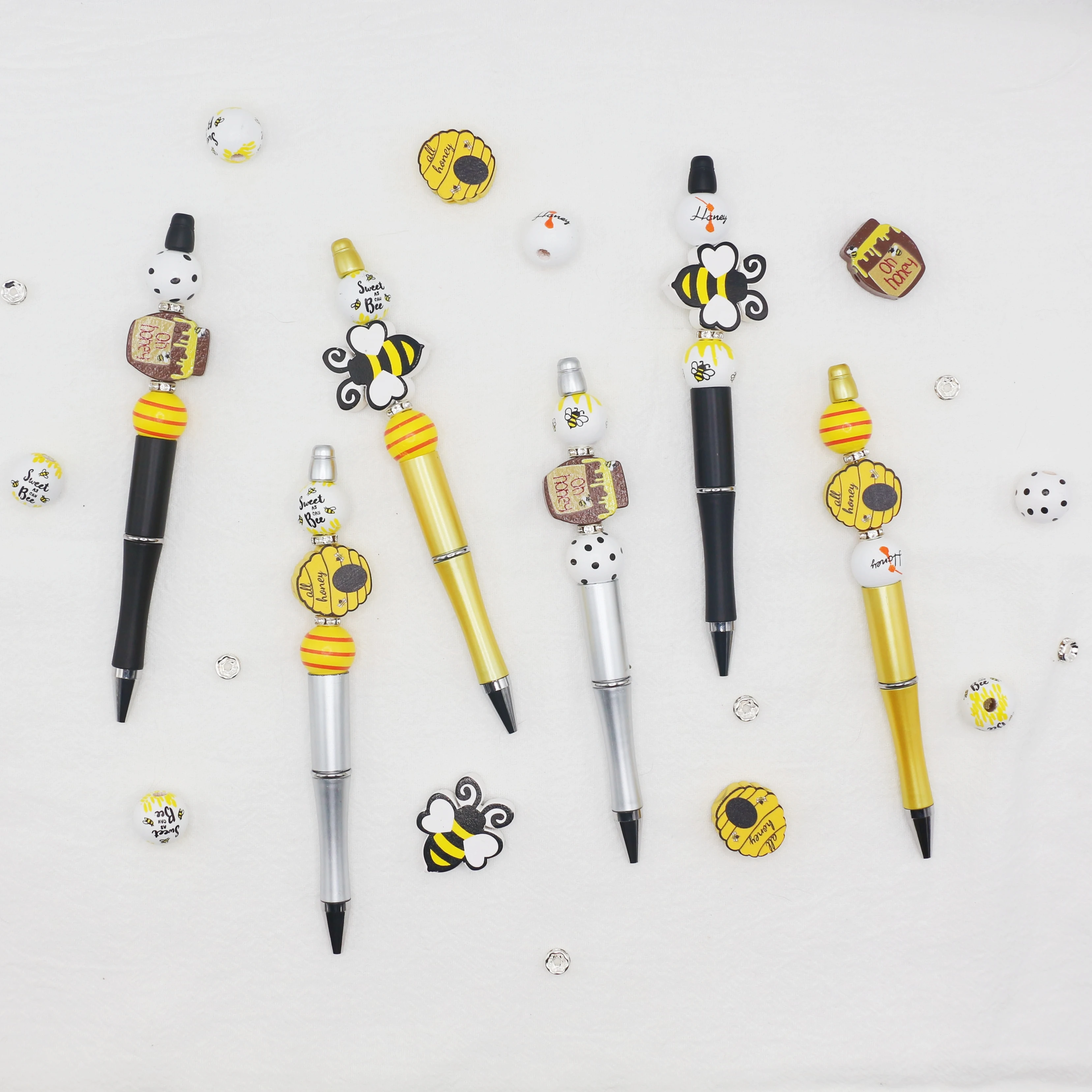 꿀벌 테마 블랙 잉크 DIY 구슬 볼펜 및 나무 구슬 세트, 사무실 및 학교 용품, 6 개, 9 개