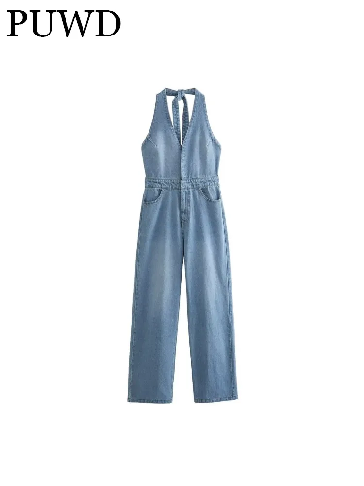 

PUWD Women Fashion Blue With Pockets Denim Jumpsuits 2023 Summer Vintage Sleeveless Front Buttons Female Playsuits Mujer