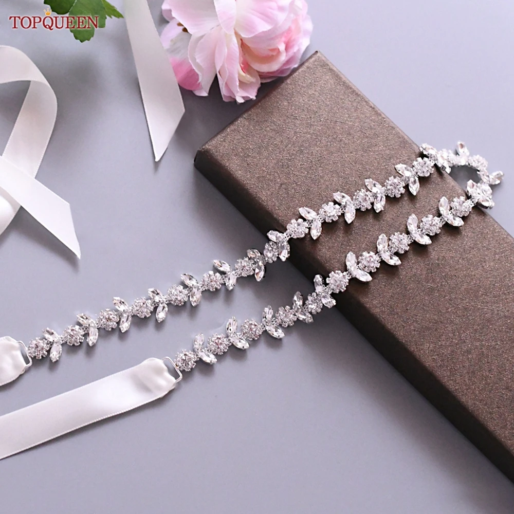 TOPQUEEN Rhinestone Belts for Bridal Dresses Silver Alloy Belt for Girls Cheap Diamond Wedding Belt Fancy Belt for Women S440