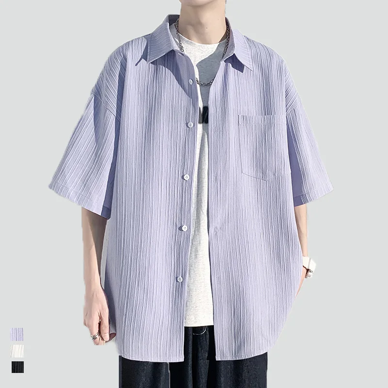 

New 2023 Ice Silk Vertical Stripe Shirt Men's Summer Short Sleeve Lapel Male Shirts Blouse Top Loose Casual Men Clothing Camisas