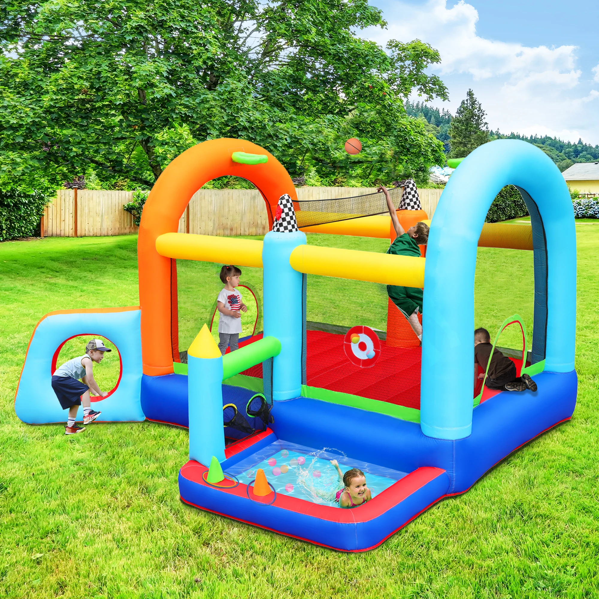 Inflatable Jumper Bounce House-Playground Backyard Playhouse Park Jumping Castle with Splash Pool & Beach Volleyball Plus Heav