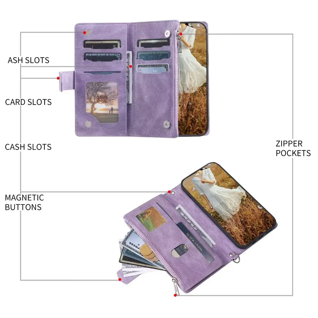Elegant Leather Wallet Case with Multi Card Slots & Wrist Strap