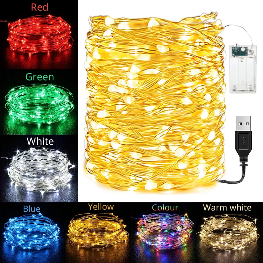 

2/3/5/10M LED String Lights Colorful Copper Wire USB Battery Powered Garland Fairy Lights Waterproof Xmas Wedding Party Decors