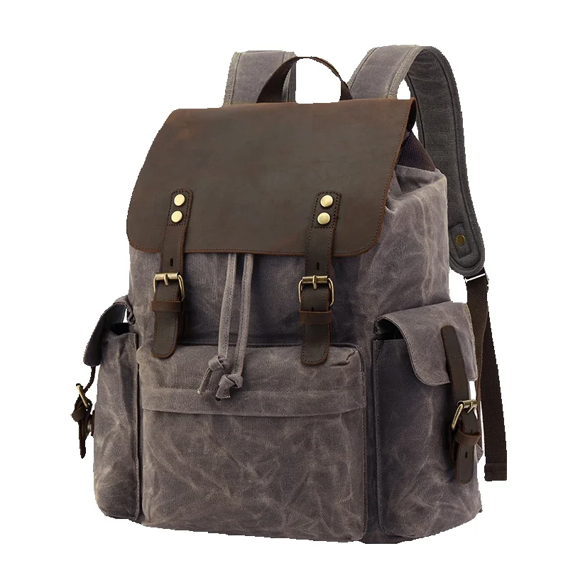 LazyZoom Canvas für Männer und Frauen Outdoor-Sport Wandern Reise Rucksack Student Schultasche gewachst mit Crazy Horse Leder Yama_voghion.com