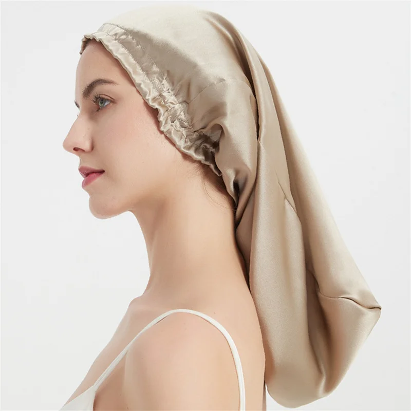 Luxury Comfortable Solid100% Real Silk Long Nightcap Hair Care Perm Beauty Sleeping Hat 5