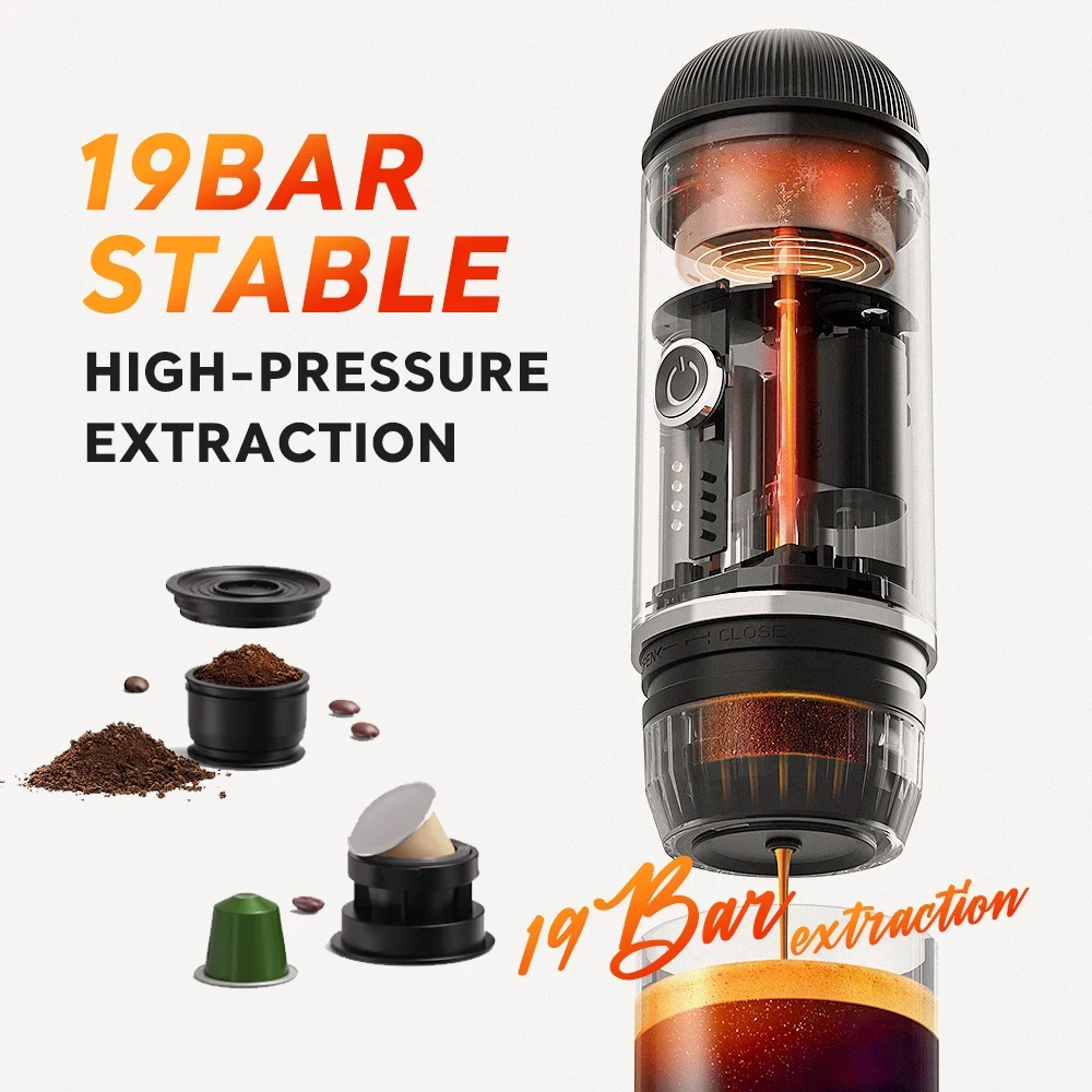 Macchina per caffè Espresso elettrica portatile autoriscaldante USB-C caricabatterie 19 Bar caffettiera adatta per caffè macinato e Capsule NS per il campeggio