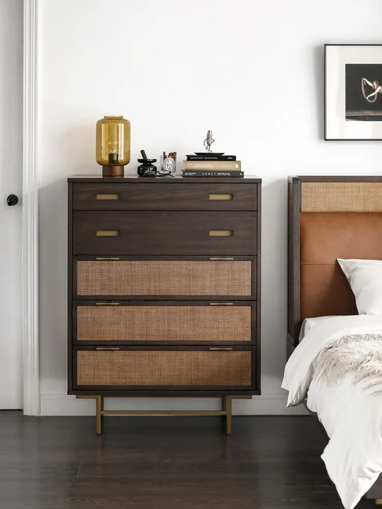 

XK Solid Wood Rattan Chest of Drawers Small Apartment Home Ash Drawer Locker