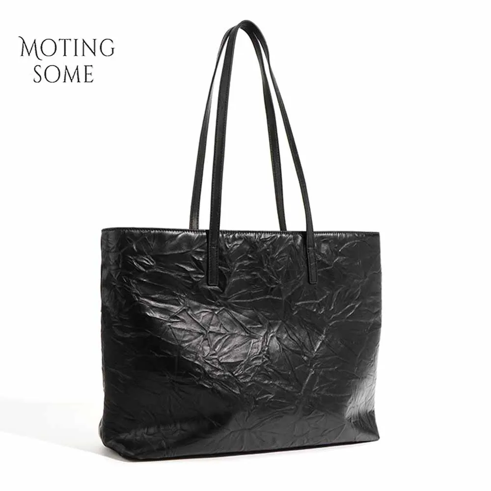 

Motingsome Crease Style Cow Leather Woman Bag Roomy Casual Tote Bags Luxury Designer Handbag Shoulder Big Purses Black 2023 New