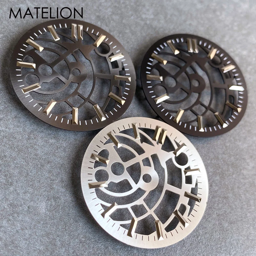 Silver and Black Skeleton Watch Dial with Metallic Markers - 29mm