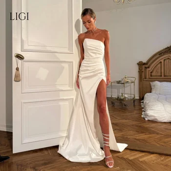 LIGI Abito da Sera Sexy Senza Spalline in Raso con Spacco Alto, Vestito da Ballo a Sirena con Strascico, Elegante Abito da Cerimonia Personalizzato 2027
