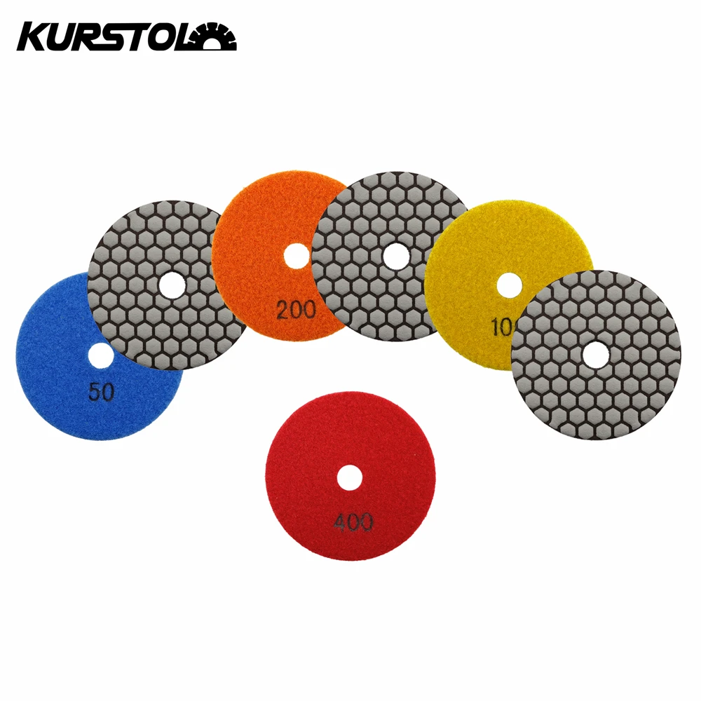 KURSTOL 1/2/3/4/5/6/7pcs 100mm Granite Marble Dry Polishing Pads Artifical Stone 4inch Diamond Sander Sanding Disc Abrasive Tool