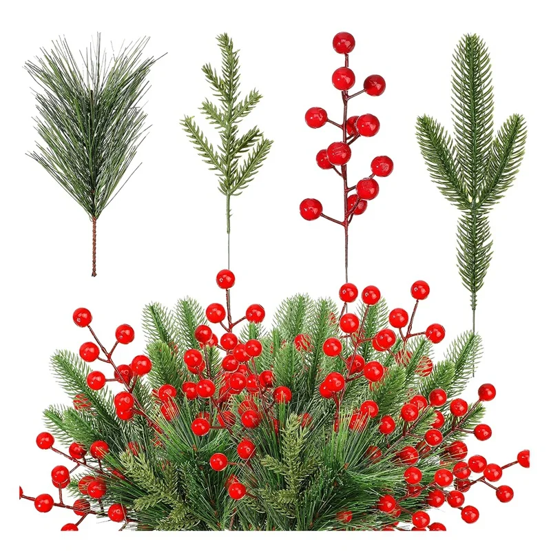 

100 Pieces Artificial Pine Needles Branches And Artificial Red Berry Stems Fake Greenery Pine Picks Christmas Red Berry