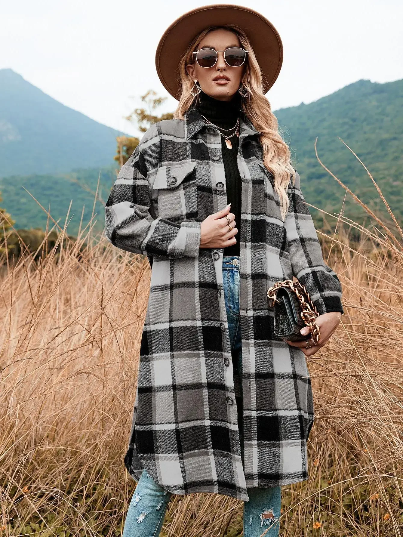 Plus Size Elegant Autumn/winter Woolen Trench Coat Side Slit Lapel Loose-fit Plaid Jacket
