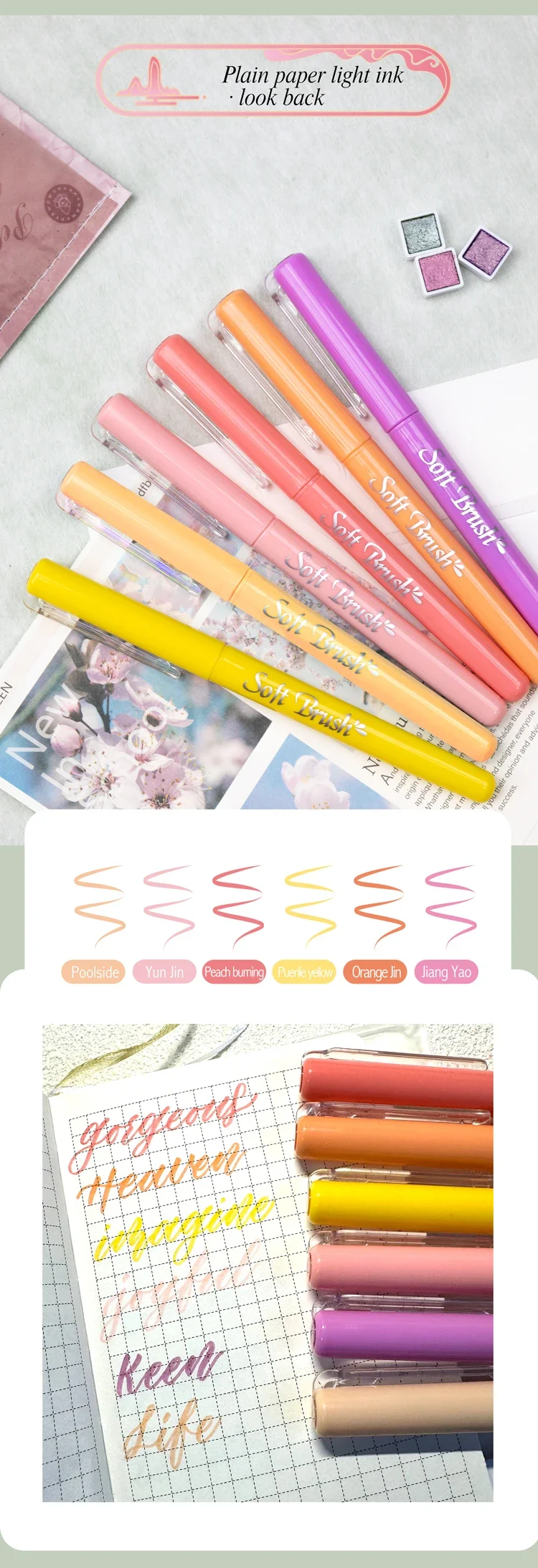 GN 6er-Set Soft-Tip Marker-Stifte Künstlermarker Pinselstifte Handlettering Kalligrafie Retro-Farben für Journaling und Zeichnen – Detail 7