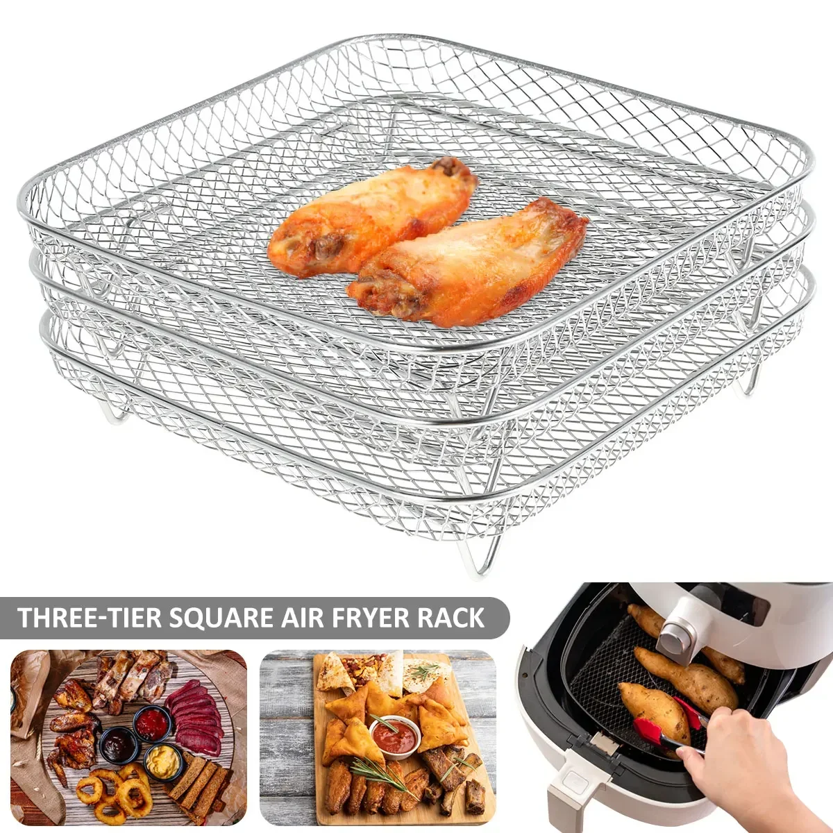 3-layers Air Fryer Rack Stackable Grilling Rack Stainless Steel Airfryer Oven Grill Steamer Cooker Kitchen Accessories Cooking air fryer rack steamer rack