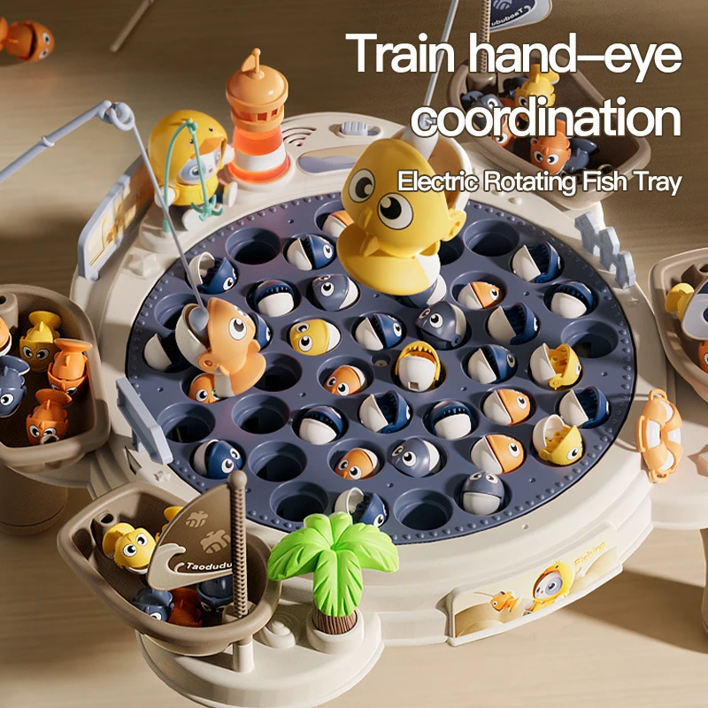 Electric magnetic fishing toy, children's rotating fish disc, lighting and sound effects, two person competition