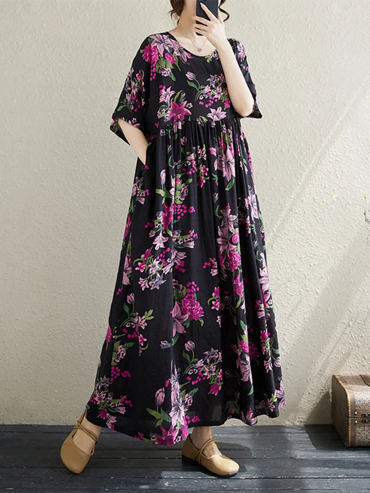 2025 Summer Cotton Vintage Casual Loose Print Red Dresses For Women Short Sleeve Dress Femme Robe Vestidos Elegant Long Clothing