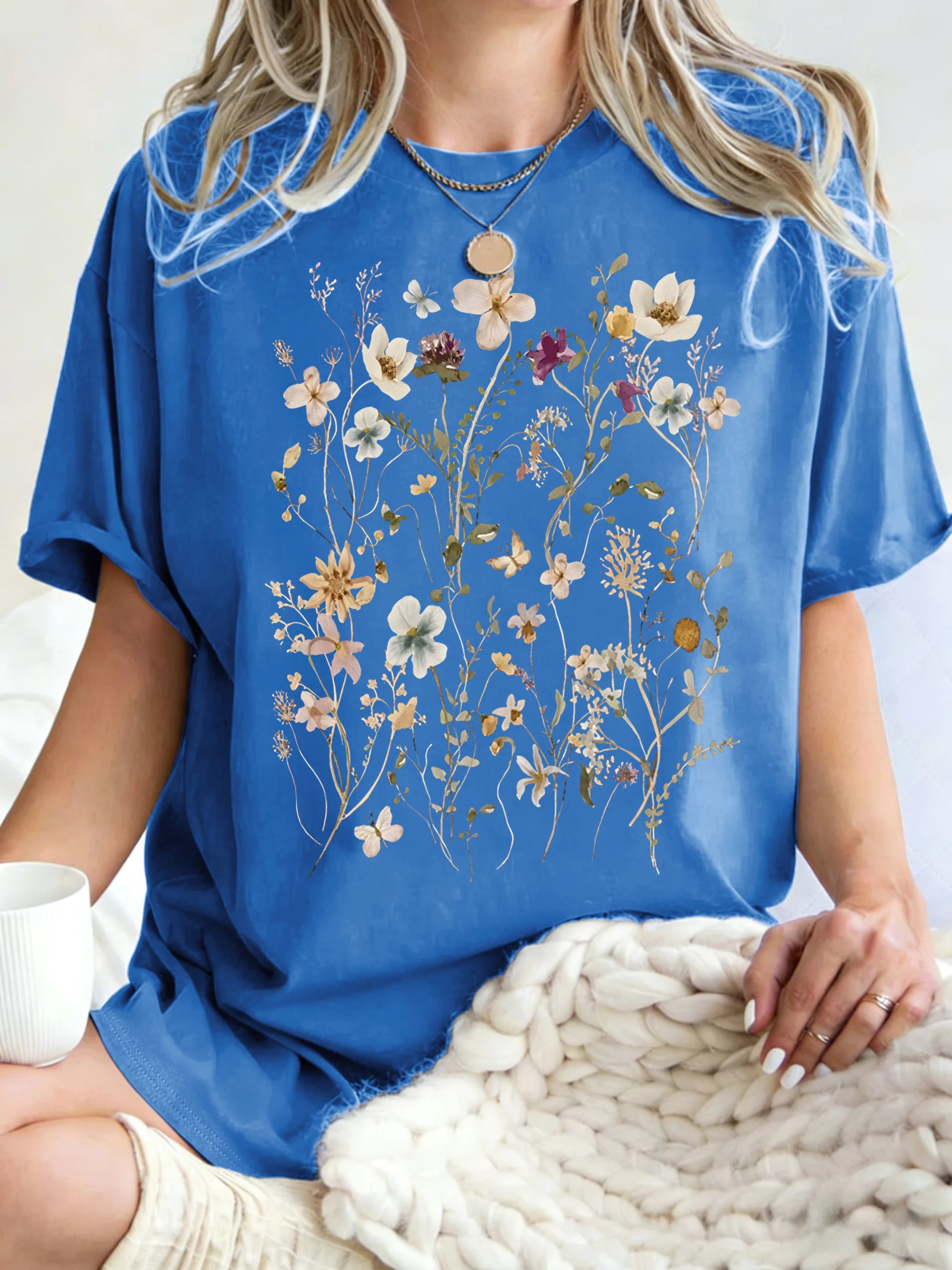 Beautiful Flower Clusters Printing Woman T-Shirt Summer Oversized Short Sleeve O-Neck Cotton T Shirts Y2K Women Sports Tops