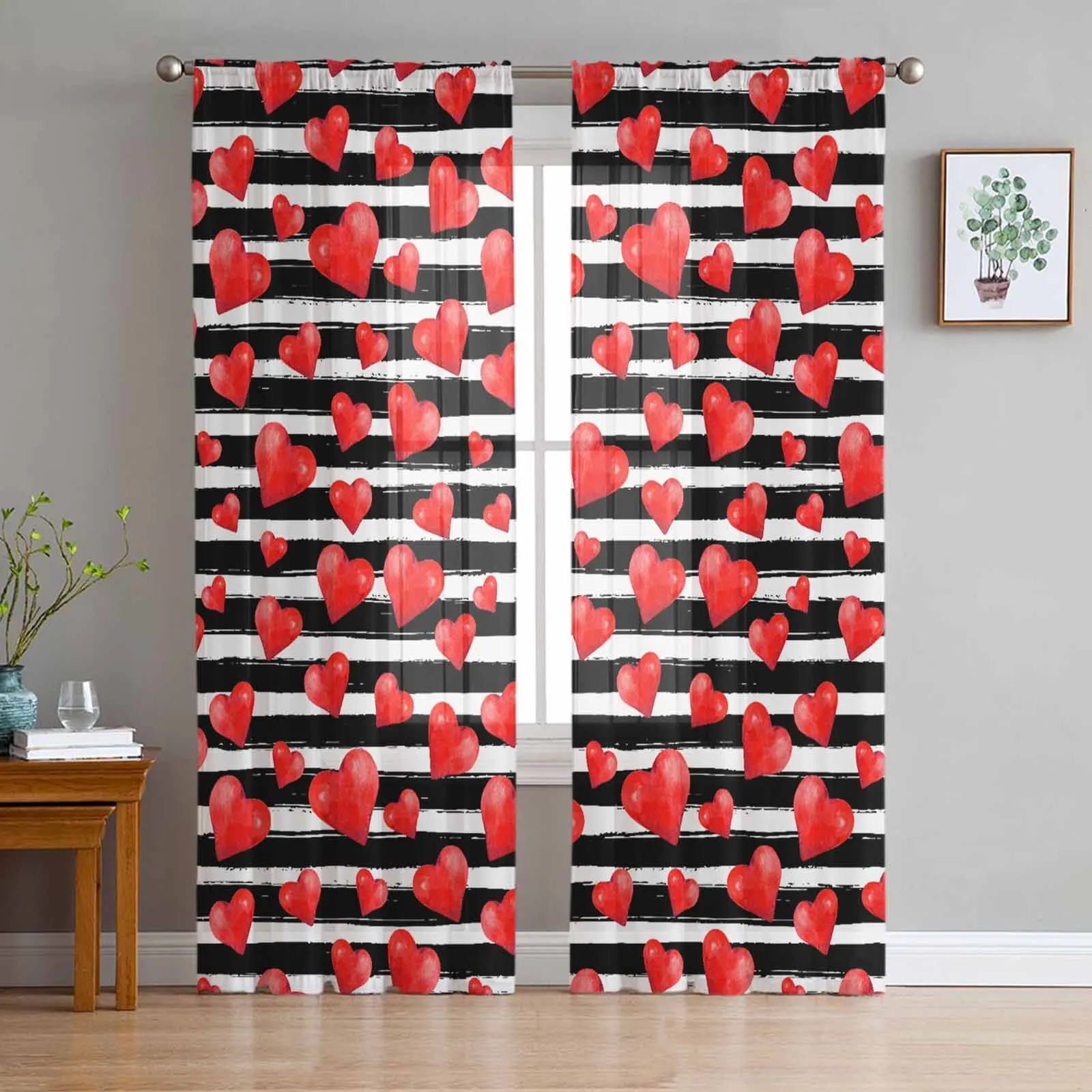 

Valentine'S Day Black Stripes Love Texture Tulle Curtains for Living Room Sheer Curtain for Bedroom Kitchen Blinds Curtains