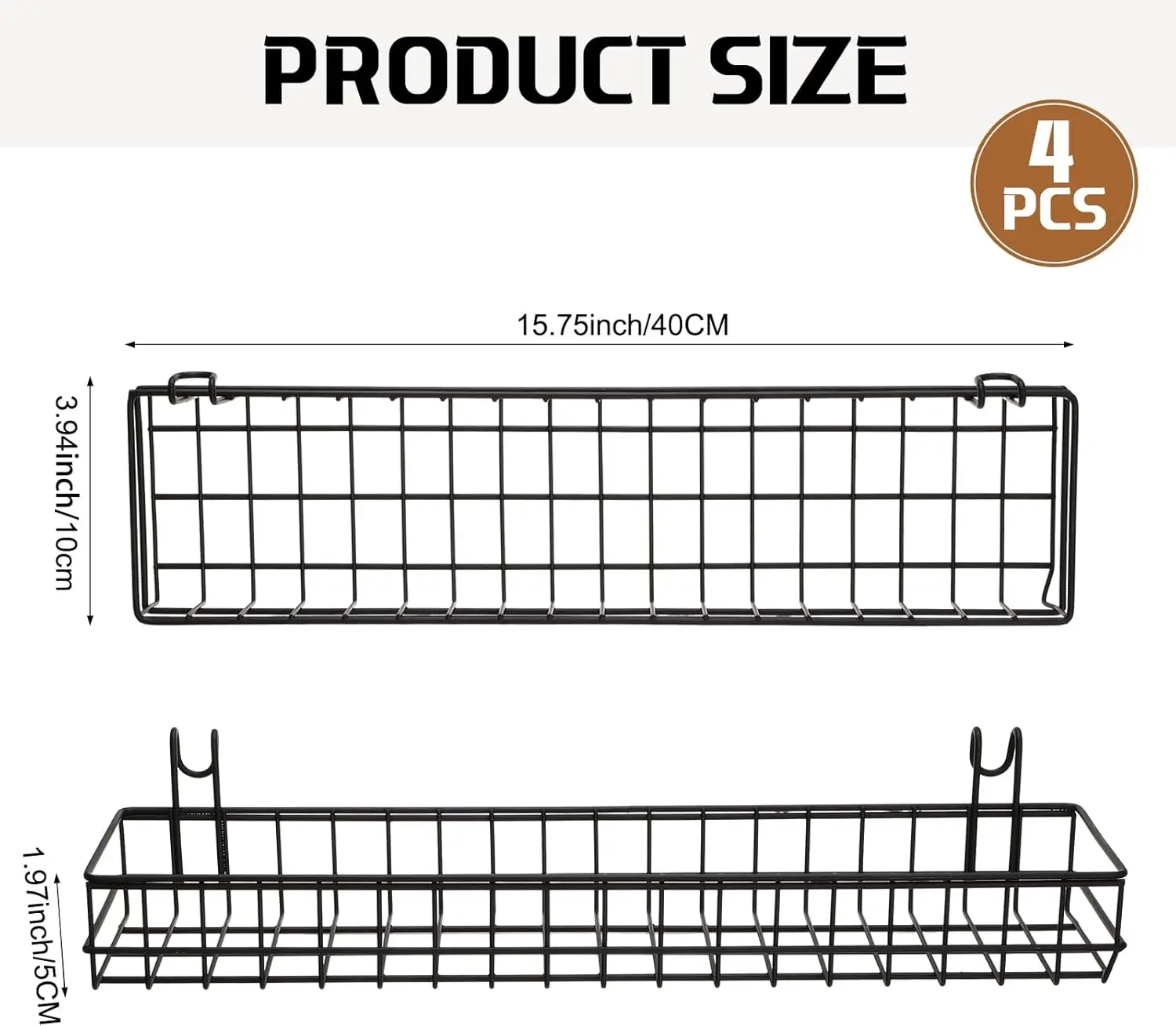 Metal Wall Basket Grid Shelf Organizer for Kitchen Display (Black, 15.75 x 3.94 x 1.97 Inch)