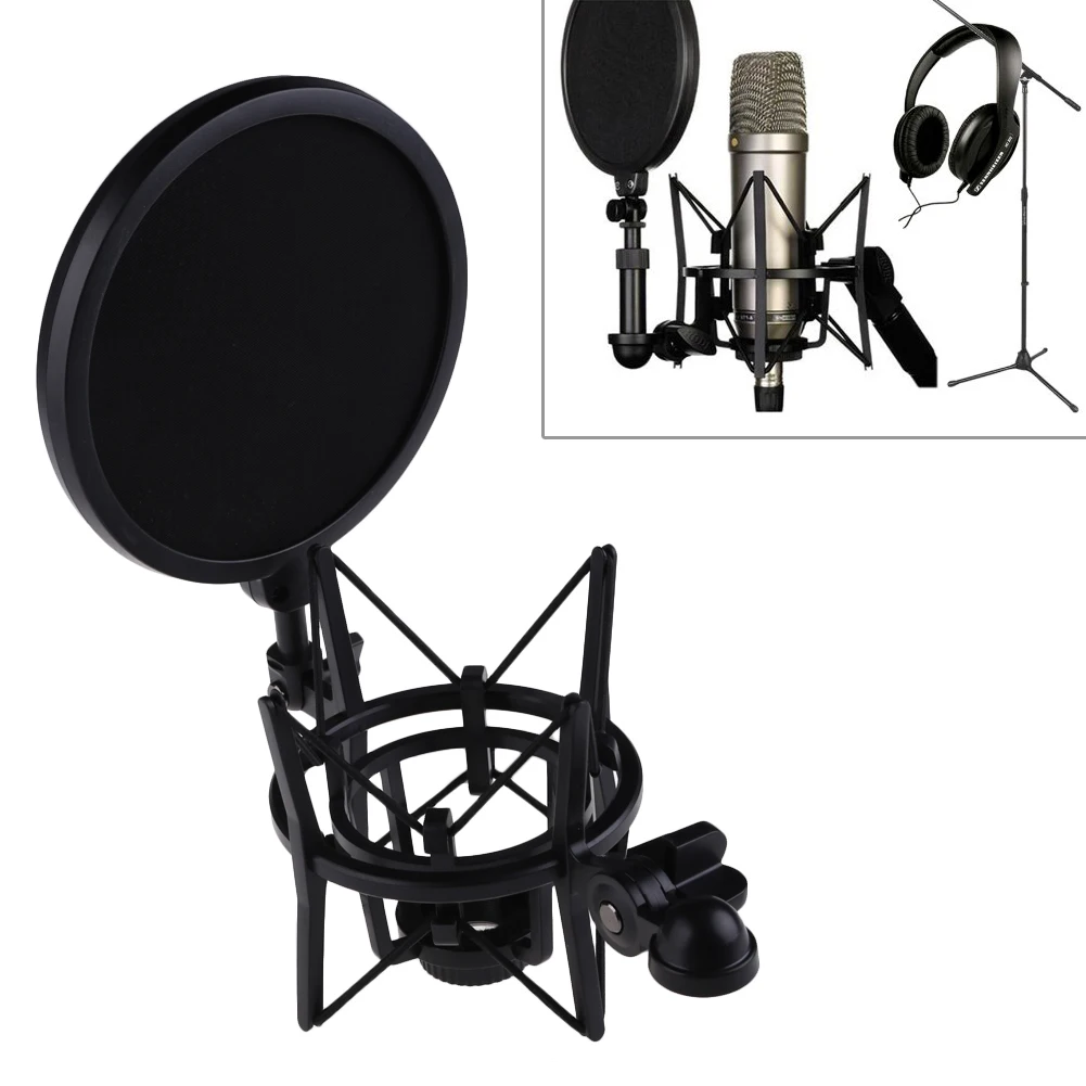 Mic Shock Mount Holder Professional Mic Shock Mount Bracket with Shield Filter Screen Studio Stand Black microphone stand,microphone pop filter,microphone mount clamp,microphone shock mount