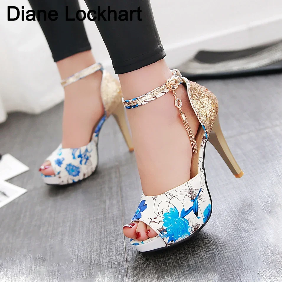 

Summer Women Flower Print Shoes Fish Mouth High Heel Ladys Platform Sandals Evening Dress Wedding Shoes Femal Zapatos de Mujer