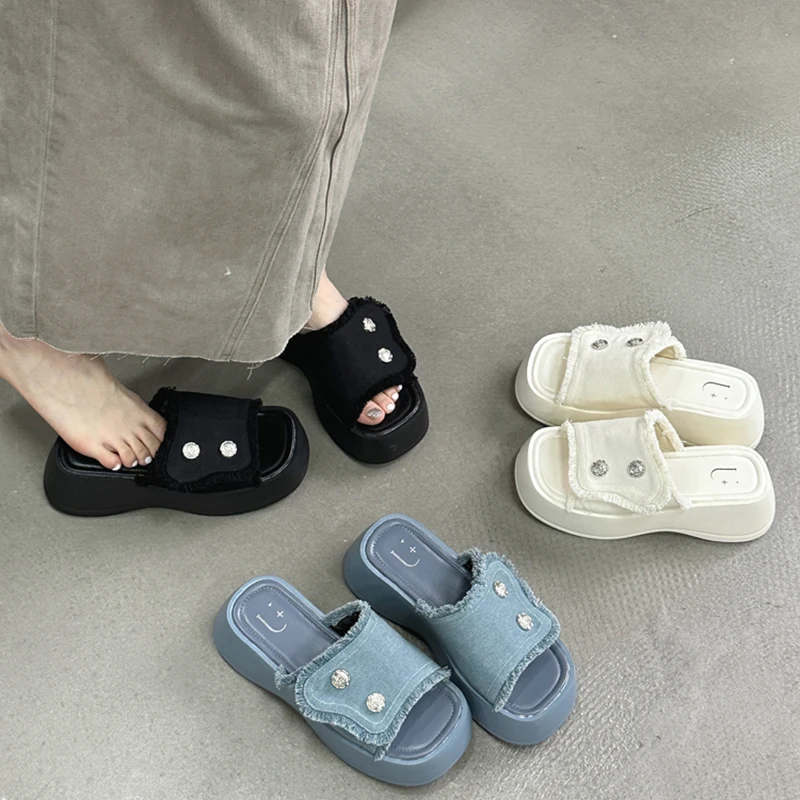 

2024 летние женские тапочки на массивной платформе, Модные Элегантные Синие сланцы из джинсовой ткани, женская уличная обувь на танкетке