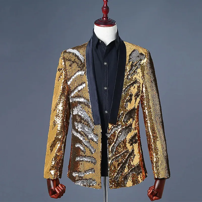 Sparkly Sequins Men Blazer Bar Male Singer Nightclub Stage Shawl Collar Suit Jackets Wedding Party Banquet Shiny Tuxedo Blazers