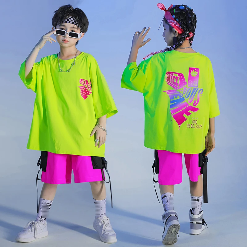 Kid Hip Hop Dance Clothes Boys Green T-Shirt Loose Summer Jogger Street Dancewear Girls Jazz Practice Performance Costume BL8662