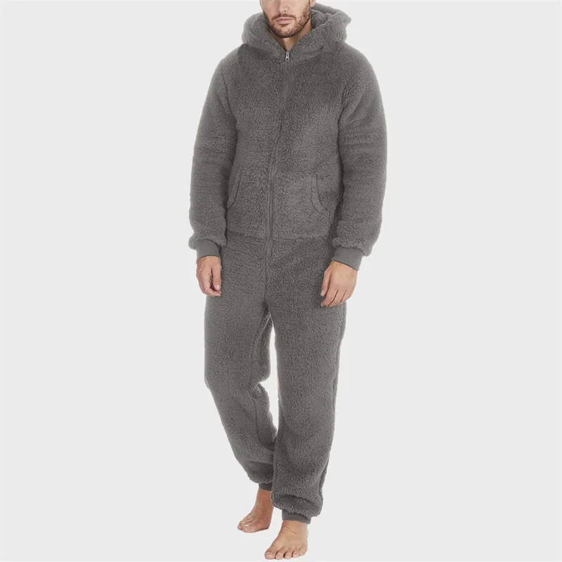 Men's Hooded Pajamas Autumn and Winter Thickened Jumpsuit Hooded Clothing Fleece Zipper Front Full Length Jumpsuit Sleepwear men jumpsuits