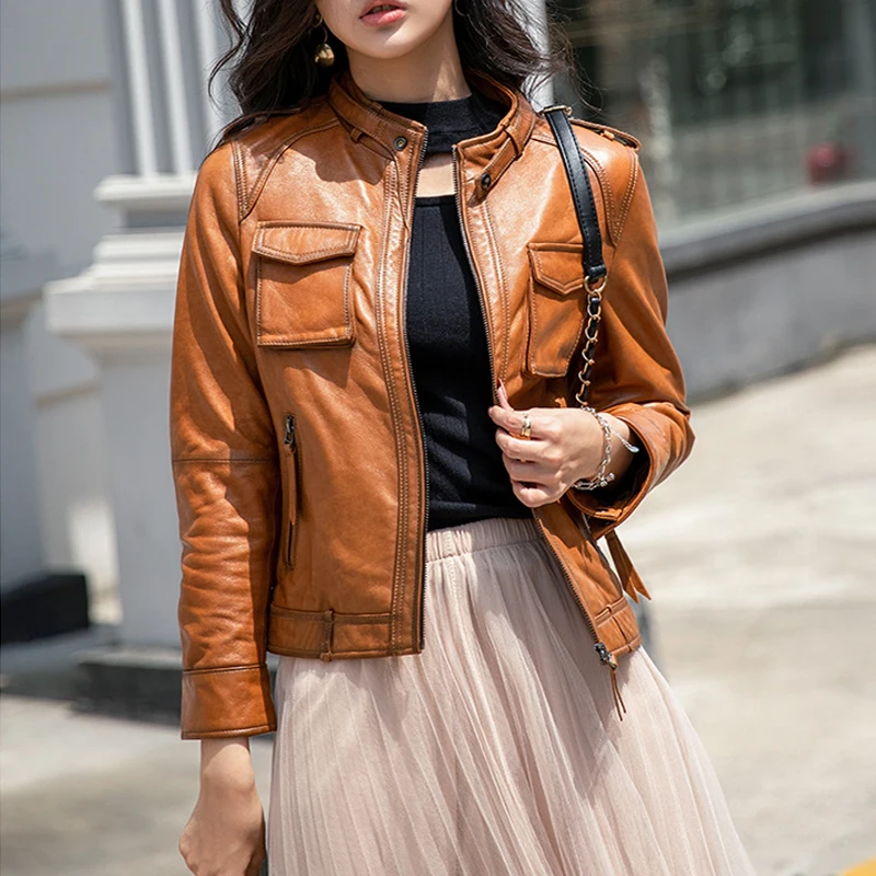 

Женская короткая мотоциклетная куртка из натуральной овечьей кожи, Осень-зима 2024, винтажное женское пальто с воротником-стойкой