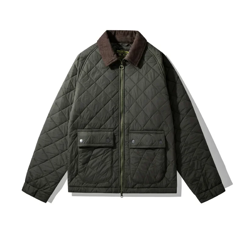4702 Fashion Brand Warm Coat for Men Corduroy Quited Multi Pockets Zip Up Long Sleeve Plaided Jacket Retro Cotton Padded Parker 2