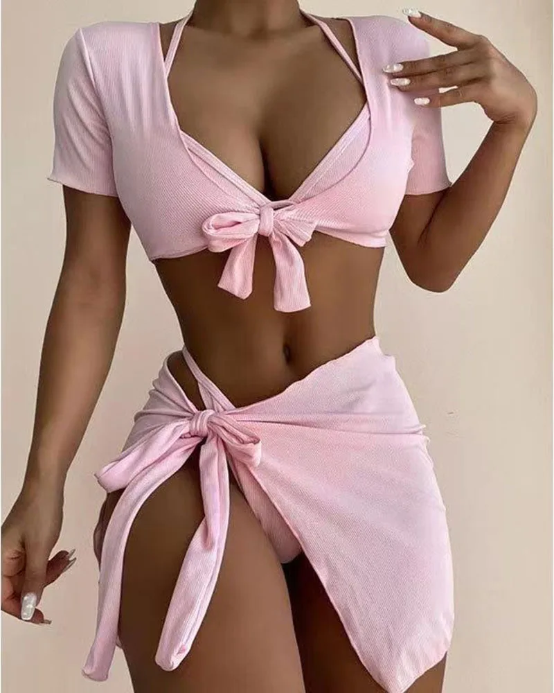 New Textured Floral Gathered Tie-up Bathing Suits Four-piece Set Short Sleeve Swimwear Women Beach Cover Up Skrit Swimsuit