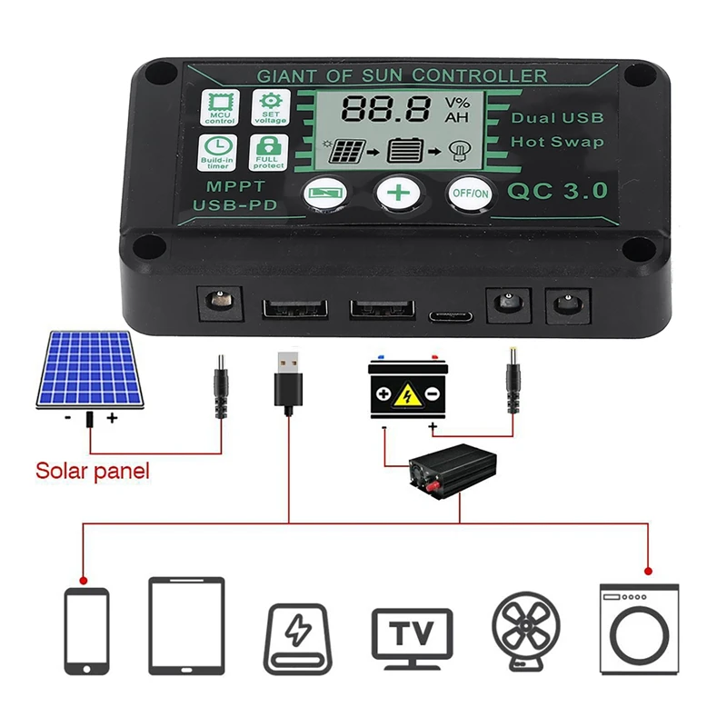 Waterproof 10A-100A Solar Charge Controller MPPT 12V/24V Charge Controller Dual USB Auto Solar Cell Panel Charger Regulator solar charger solar battery charge controller